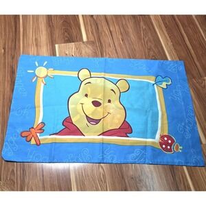 Vtg Disney Winnie The Pooh Pillowcase Standard Blue Kids Bedding USA Ladybug